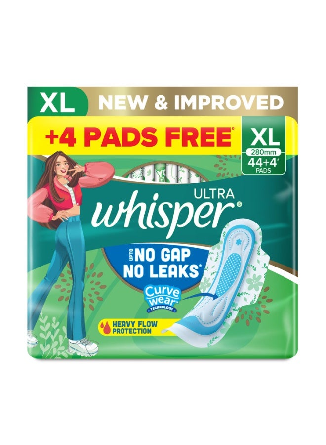 Procter & Gamble Whisper Ultra Upto No Gap No Leaks Sanitary Pads, 48 Xl Pads, For Heavy Flow Protection, With Curvewear ¢ Technology, Cotton Like Softness, Disposable Wrapper, Locks Odour & Wetness - Image 1