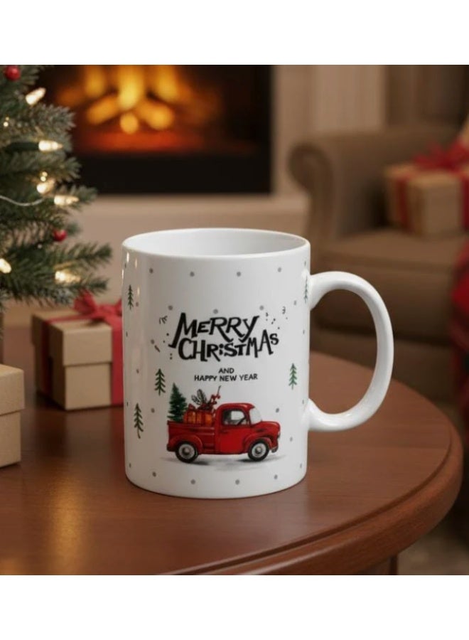 أي كي دي سي كوب سيراميك AKDC سعة 400 مل بتصميم سيارة هدية وعيد ميلاد سعيد - كوب أبيض للعطلات للمشروبات الساخنة الاحتفالية - Image 2