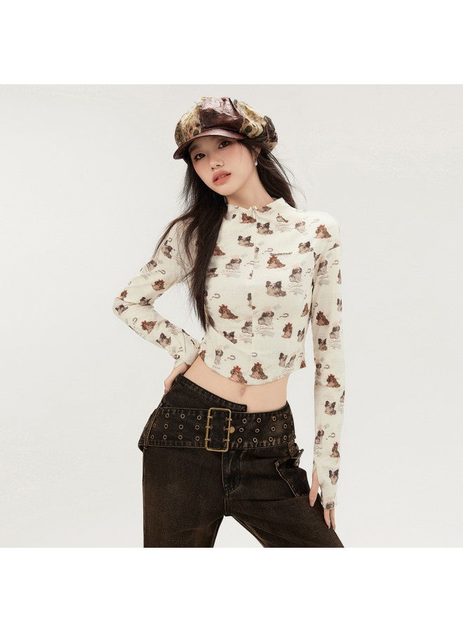 EPTISON Fashionable Half-Open Collar T-Shirt For Women, Autumn Retro Trendy Short Crop Top With Long Sleeve Design - Image 3