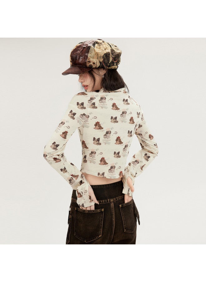 EPTISON Fashionable Half-Open Collar T-Shirt For Women, Autumn Retro Trendy Short Crop Top With Long Sleeve Design - Image 5