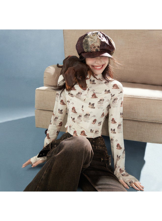 EPTISON Fashionable Half-Open Collar T-Shirt For Women, Autumn Retro Trendy Short Crop Top With Long Sleeve Design - Image 2