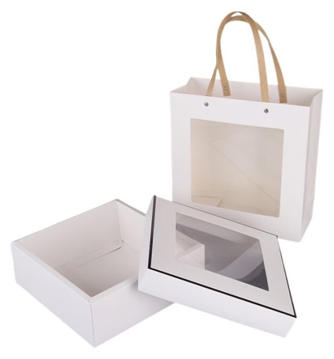 صندوق هدايا أبيض 23x23x8 سم وأكياس ورقية شفافة، مجموعة تغليف حلوى الشوكولاتة والتمر المحمولة لحفلات العطلات - Image 1