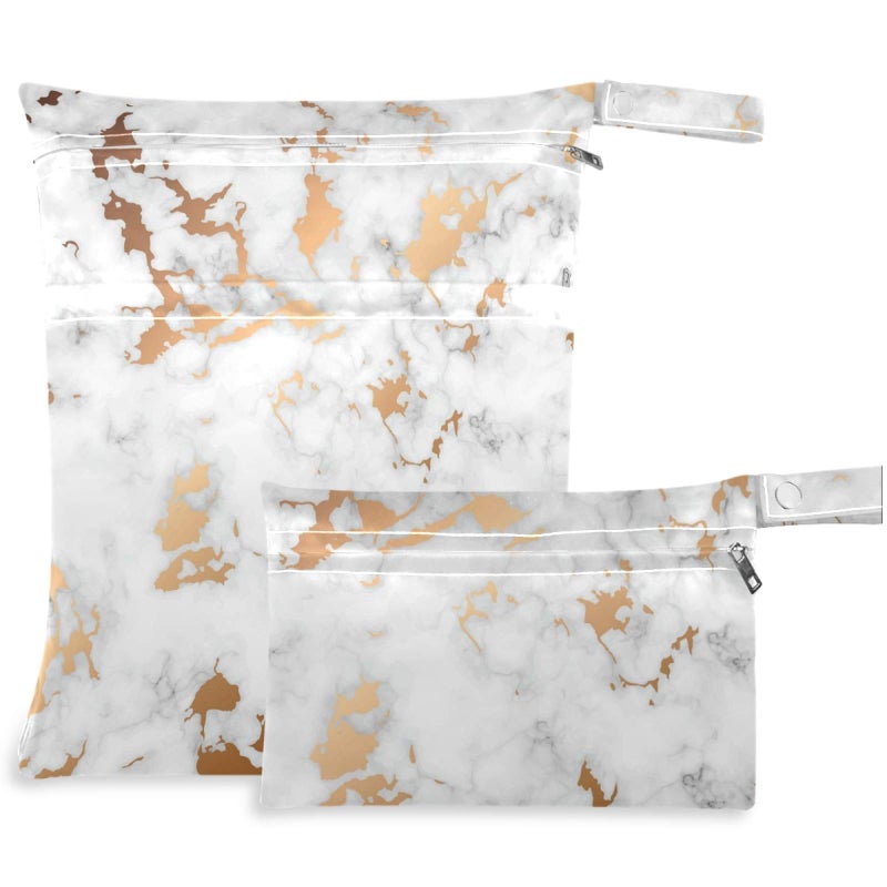 visesunny White Marble with Gold Texture Modern 2Pcs Wet Bag with Zippered Pockets Washable Reusable Roomy for Travel,Beach,Pool,Daycare,Stroller,Diapers,Dirty Gym Clothes, Wet Swimsuits, Toiletries - Image 1