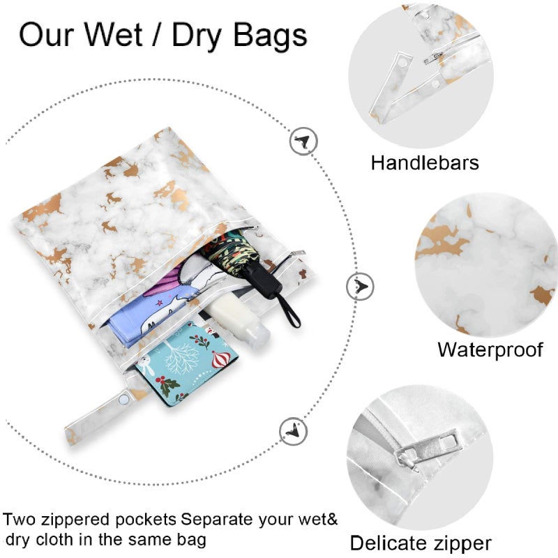 visesunny White Marble with Gold Texture Modern 2Pcs Wet Bag with Zippered Pockets Washable Reusable Roomy for Travel,Beach,Pool,Daycare,Stroller,Diapers,Dirty Gym Clothes, Wet Swimsuits, Toiletries - Image 5