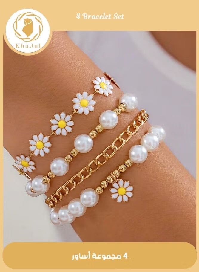 4-Piece Daisy Flower Bracelet, Pearl Beaded Flower Bracelet, Multilayer Bracelet Set Flower Bracelet Women Jewelry - Image 1