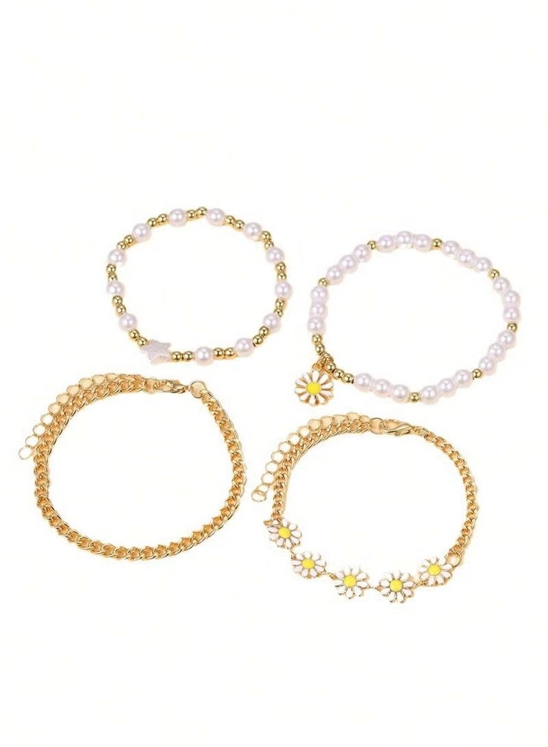 4-Piece Daisy Flower Bracelet, Pearl Beaded Flower Bracelet, Multilayer Bracelet Set Flower Bracelet Women Jewelry - Image 5