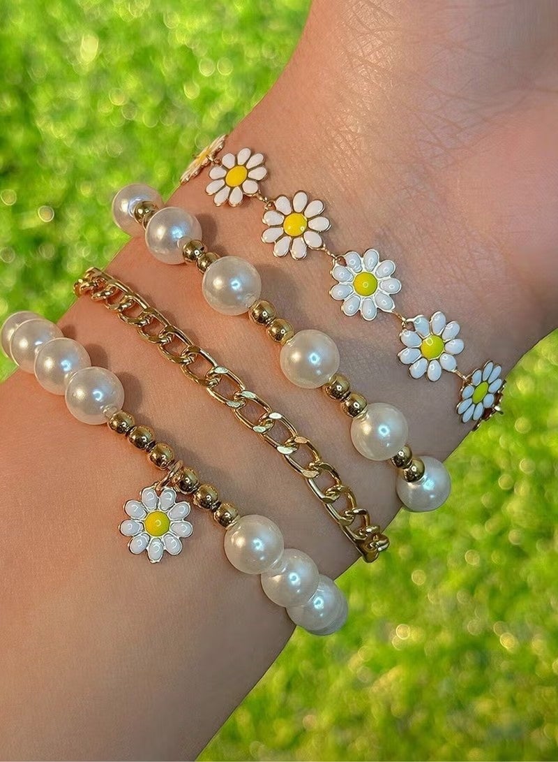 4-Piece Daisy Flower Bracelet, Pearl Beaded Flower Bracelet, Multilayer Bracelet Set Flower Bracelet Women Jewelry - Image 2