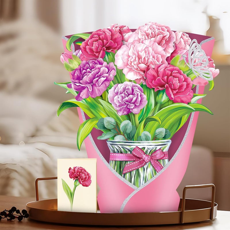 Airpark Mothers Day Gifts Pop Up Flower Card, 3D Carnation Bouquet Mothers Day Cards for Mom Women, Birthday, Thank You, Teacher Appreciation Gifts, Floral Card with Envelope & Note - Image 2