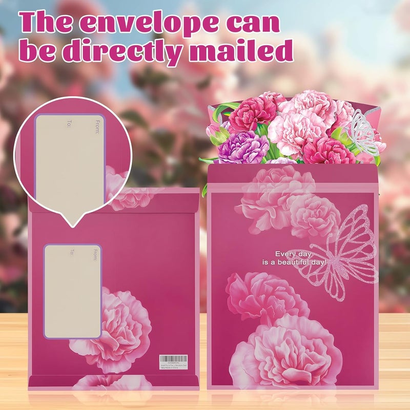 Airpark Mothers Day Gifts Pop Up Flower Card, 3D Carnation Bouquet Mothers Day Cards for Mom Women, Birthday, Thank You, Teacher Appreciation Gifts, Floral Card with Envelope & Note - Image 4