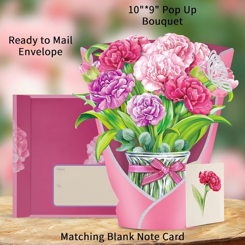 Airpark Mothers Day Gifts Pop Up Flower Card, 3D Carnation Bouquet Mothers Day Cards for Mom Women, Birthday, Thank You, Teacher Appreciation Gifts, Floral Card with Envelope & Note - Image 3