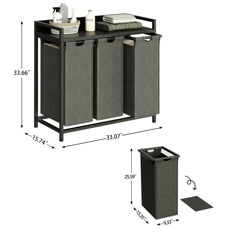 Herture Laundry Hamper with Shelf, Laundry Basket 3 Section, Laundry Sorter with Pull-Out Removable Large Bags and Movable Wheels, Metal Frame, 3 x 15.87 Gallons (60L), Black and Gray PF04XLC - Image 4