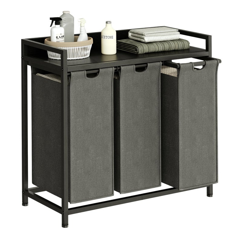 Herture Laundry Hamper with Shelf, Laundry Basket 3 Section, Laundry Sorter with Pull-Out Removable Large Bags and Movable Wheels, Metal Frame, 3 x 15.87 Gallons (60L), Black and Gray PF04XLC - Image 1