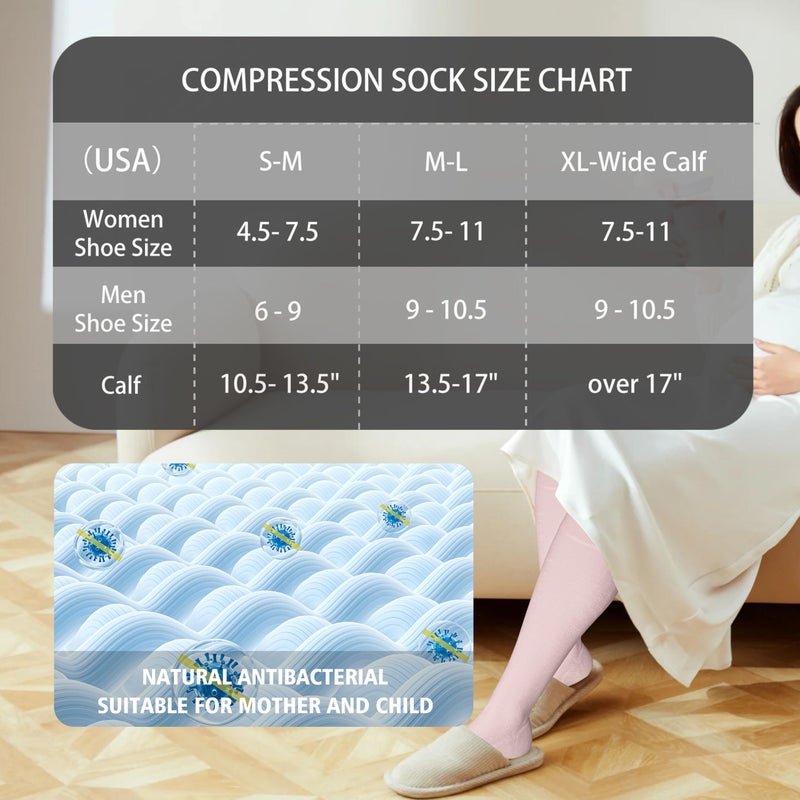 LEVSOX Extra Thick Wide Calf Compression Socks for Women&Men Plus Size 20-30 mmHg Knee High Graduated Support Sock for Nurses, Pregnant Women, Travel and Flight, Cotton, 2 Pairs, Grey, Pink - Image 5