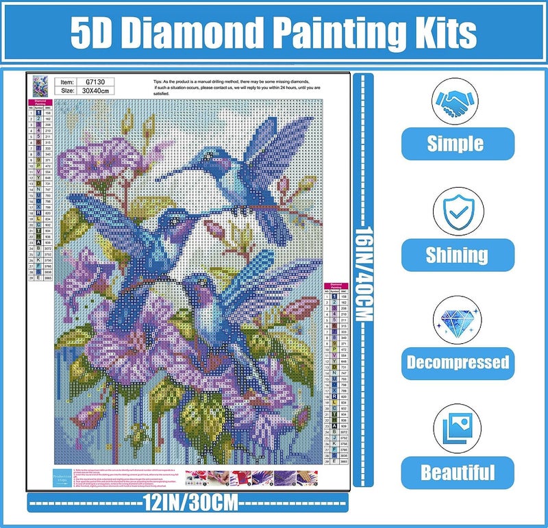 Fotasmua Hummingbird Diamond Art Kits for Adults,DIY 5D Diamond Painting Kits for Beginners,Round Full Drill Diamond Dots Paintings Picture Gem Art Craft for Home Wall Art Decor Gifts 12x16inch - Image 2