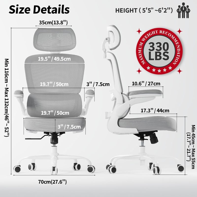 TRALT Ergonomic Office Chair - Desk Chair with Mesh PU Leather Gaming Chair - Computer Chair Comfy Adjustable Lumbar Support Executive Office Chair High Back Home Office Desk Chair for Adults(Gery) - Image 2