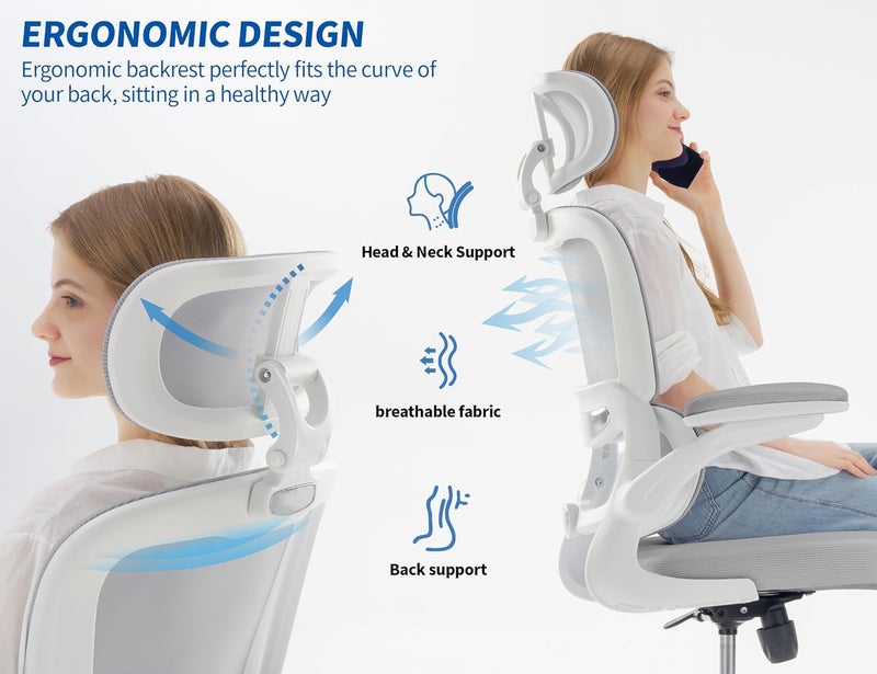 TRALT Ergonomic Office Chair - Desk Chair with Mesh PU Leather Gaming Chair - Computer Chair Comfy Adjustable Lumbar Support Executive Office Chair High Back Home Office Desk Chair for Adults(Gery) - Image 4