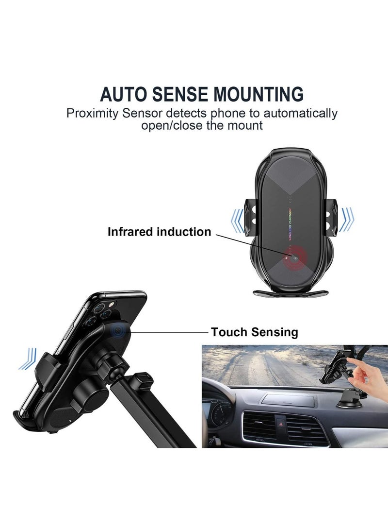 Wireless Car Charger,15W Qi Fast Charging Auto-Clamping Car Phone Holder, Air Vent Windshield Dashboard Car Phone Mount, Long Arm Suction Cup Phone Holder for iPhone or Android Phone - Image 3
