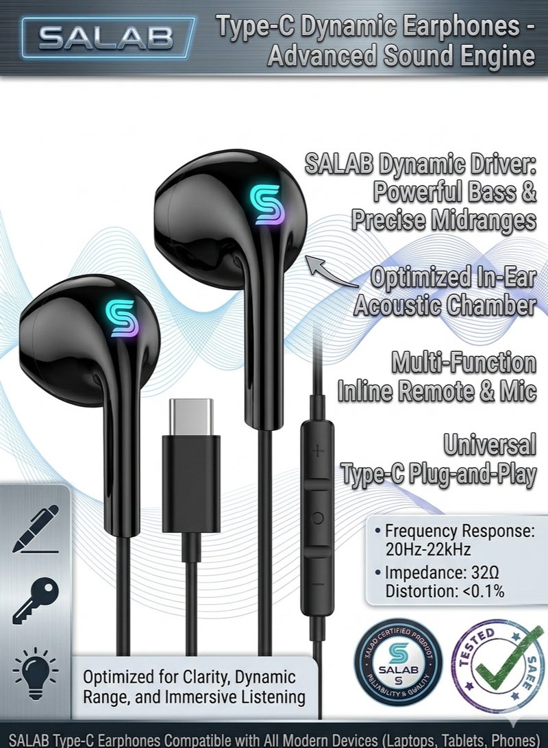 Salab Type C Earphones, USB C Headphones HiFi Stereo in Ear Wired Earbuds USB C Earphones, Type C Headphones with Mic Compatible with Samsung Galaxy S21 Ultra S20 FE Note 10 Google Pixel 6 5 4XL Oneplus 9 8 (Black) - Image 1