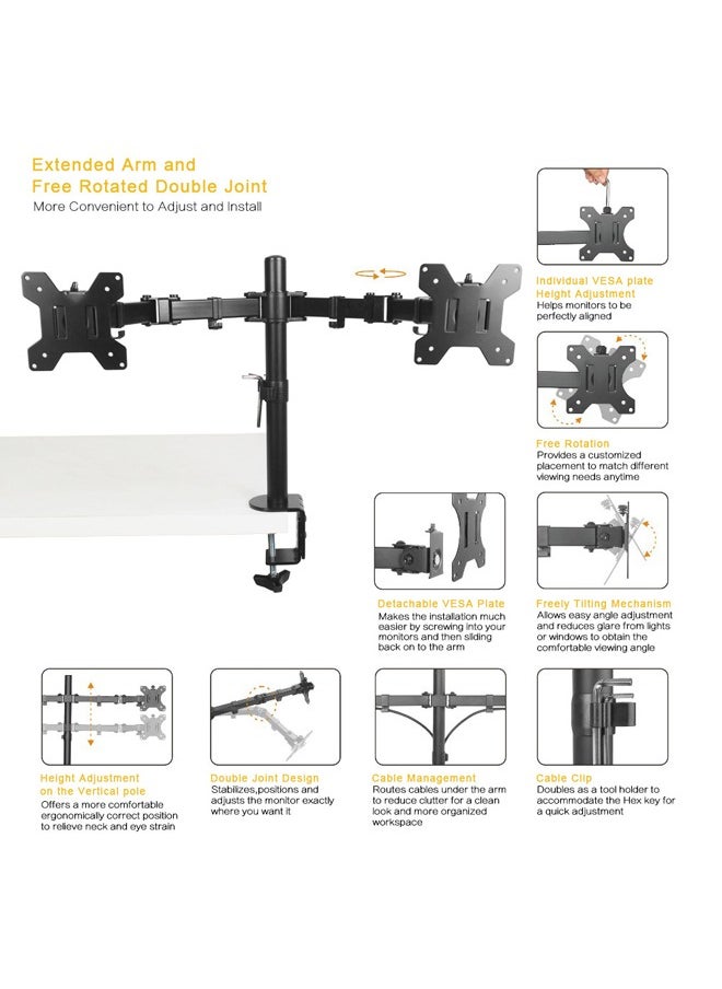 Dual Monitor Stand Desk Mount, Monitor Arm for 2 LCD LED Monitor Screens up to 27", Heavy Duty Fully Adjustable Stand, Gaming Monitor Stand with Clamp and Grommet Mounting Base