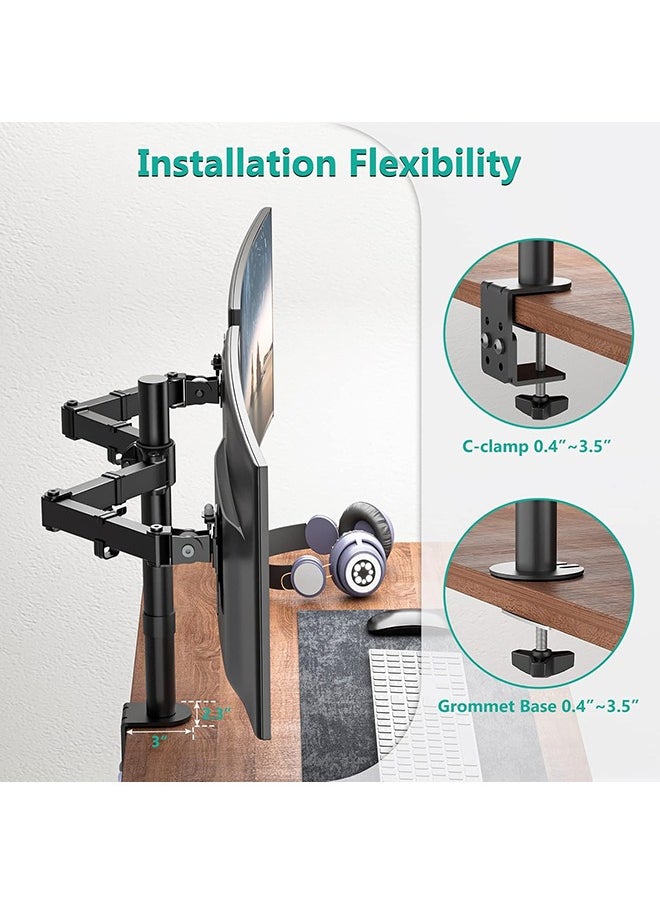 Dual Monitor Stand Desk Mount, Monitor Arm for 2 LCD LED Monitor Screens up to 27", Heavy Duty Fully Adjustable Stand, Gaming Monitor Stand with Clamp and Grommet Mounting Base