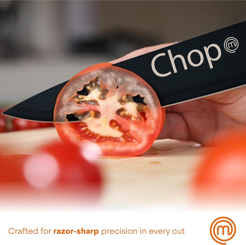 Master Chef Kitchen Knife Set with Covers, 6 Professional Chef Knives for Home Kitchens, Extra Sharp Cutting Stainless Steel Blades & Protective Sheaths, Soft-Touch Easy-Grip Handles, Essential Black - Image 4
