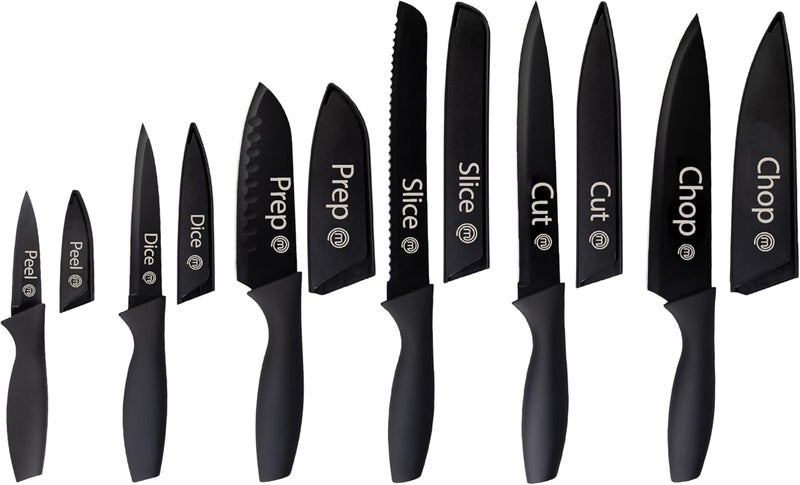 Master Chef Kitchen Knife Set with Covers, 6 Professional Chef Knives for Home Kitchens, Extra Sharp Cutting Stainless Steel Blades & Protective Sheaths, Soft-Touch Easy-Grip Handles, Essential Black - Image 1