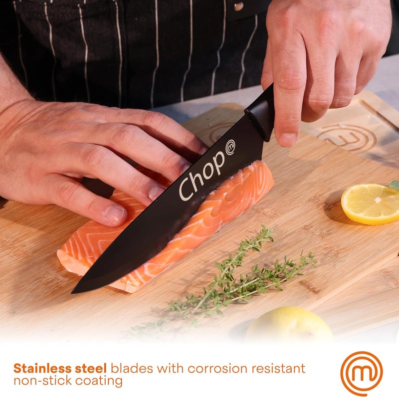 Master Chef Kitchen Knife Set with Covers, 6 Professional Chef Knives for Home Kitchens, Extra Sharp Cutting Stainless Steel Blades & Protective Sheaths, Soft-Touch Easy-Grip Handles, Essential Black - Image 3