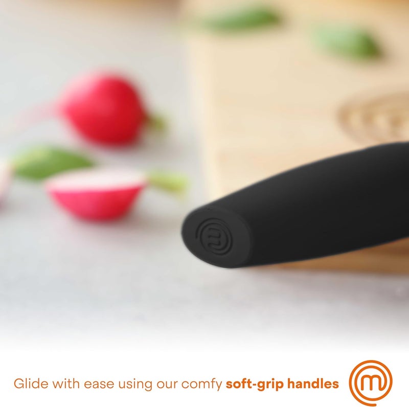 Master Chef Kitchen Knife Set with Covers, 6 Professional Chef Knives for Home Kitchens, Extra Sharp Cutting Stainless Steel Blades & Protective Sheaths, Soft-Touch Easy-Grip Handles, Essential Black - Image 5