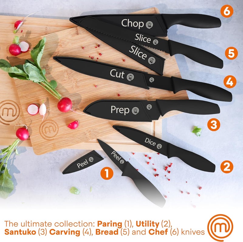 Master Chef Kitchen Knife Set with Covers, 6 Professional Chef Knives for Home Kitchens, Extra Sharp Cutting Stainless Steel Blades & Protective Sheaths, Soft-Touch Easy-Grip Handles, Essential Black - Image 2