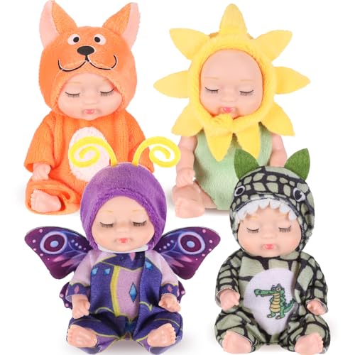 Hanaive 4 Pcs 4 Inch Mini Baby Dolls Lifelike Realistic Baby Dolls Animal Clothes Cute Tiny Gifts for Kids Birthday Party(Novelty Style) - Image 1