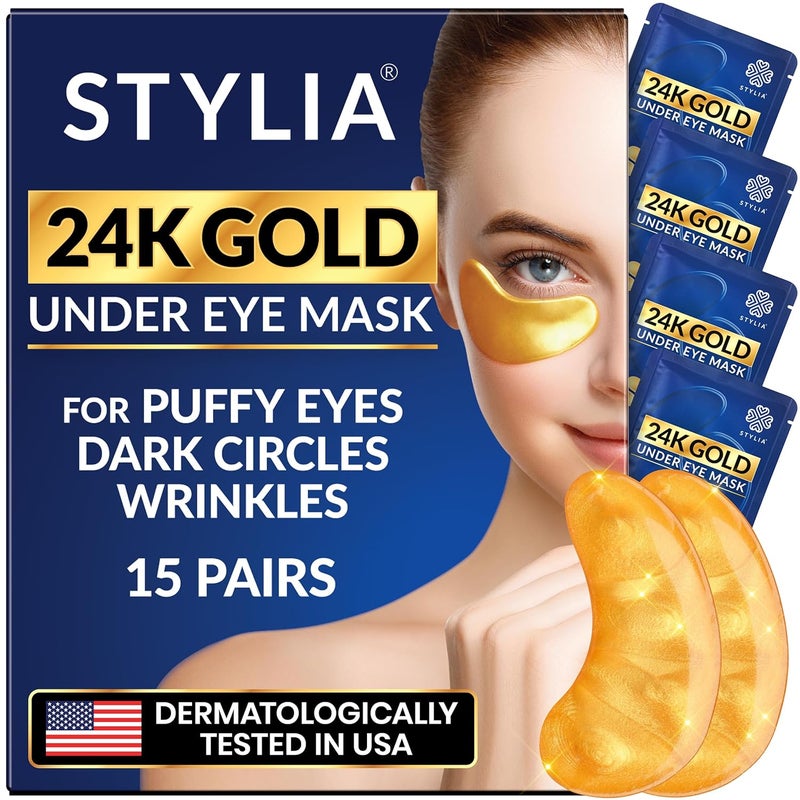 Stylia Under Eye Patches for Dark Circles and Puffy Eyes 15 Pairs  24k Gold Collagen Mask with Hyaluronic Acid Eye Masks for Dark Circles and Puffiness Gifts for Women Valentines Day Gifts