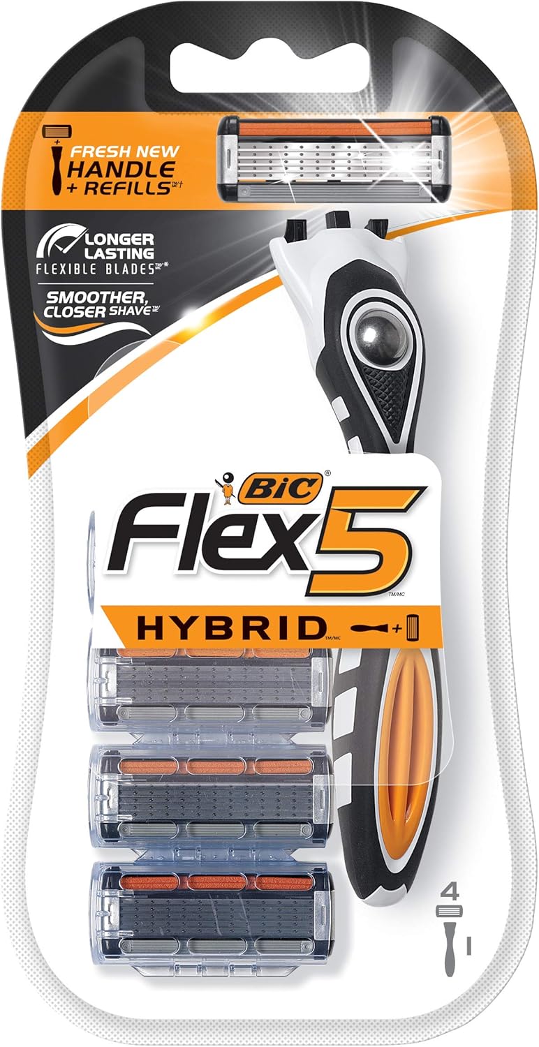 Bic Flex 5 Hybrid Disp 4 Count Modern Orange Plastic Cartridge Razor for Men Manual Shaving Enthusiasts - Image 1