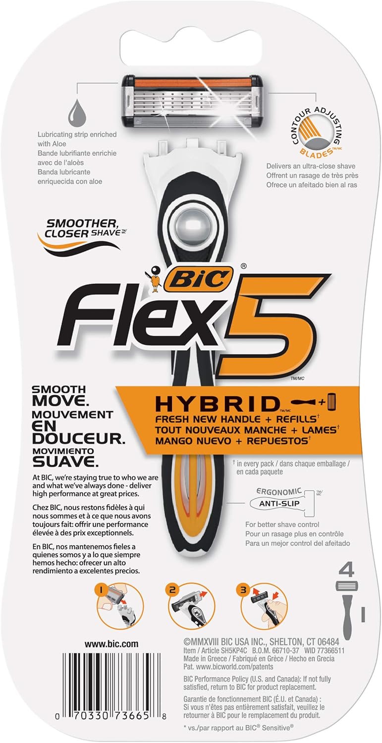 Bic Flex 5 Hybrid Disp 4 Count Modern Orange Plastic Cartridge Razor for Men Manual Shaving Enthusiasts - Image 2