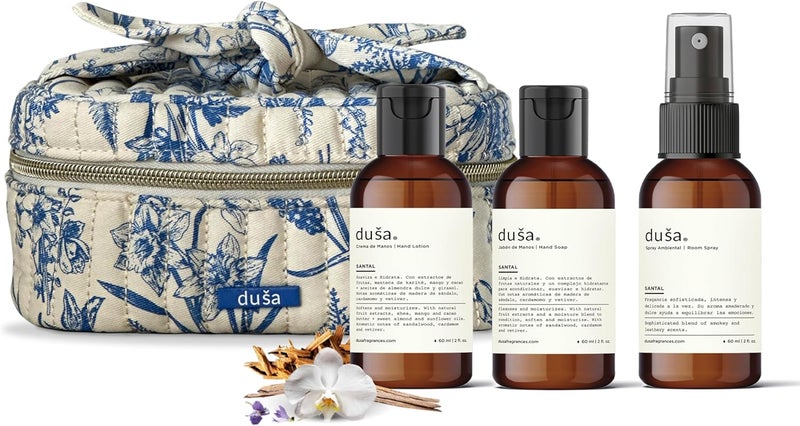 Dusa Santal Gift Set Room Spray Santal Fragrance 2 oz Premium Hydrating Hand Cream 2 oz Soothing Hand Soap Toile de Jouy Makeup Pouch Ideal Luxurious Gift for Mothers Day - Image 1