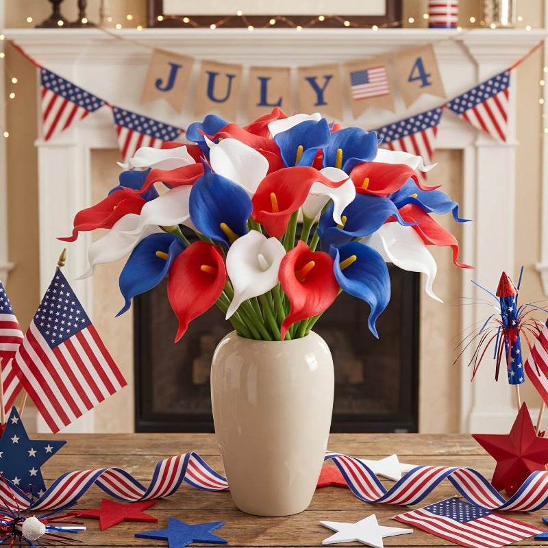 36 Pcs Patriotic Real Touch Artificial Calla Lilies Red White Blue Faux Flowers for Independence Day Decoration - Image 1