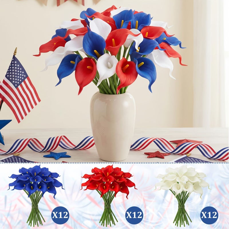 36 Pcs Patriotic Real Touch Artificial Calla Lilies Red White Blue Faux Flowers for Independence Day Decoration - Image 2