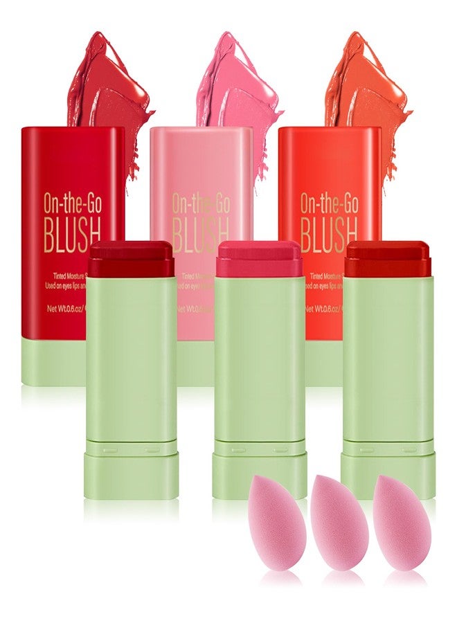 PPPanYiDi 3PCS Blush Stick for Cheeks,Multi-use Solid Matte Makeup Stick Blush Cream for Cheek Eyes and Lips Tint,Moisturizing Tinted Cream Blush,Natural Blendable Cheek Blusher with 3 Makeup Sponges - Image 1