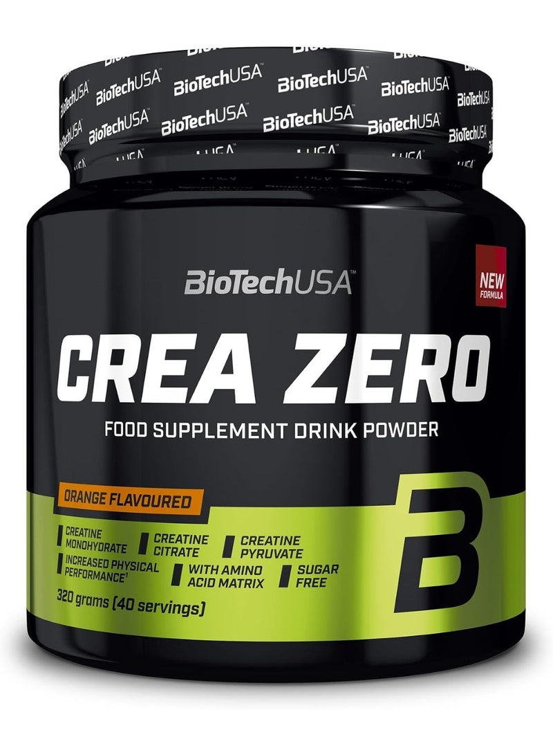 BioTechUSA Crea Zero Creatine Powder Orange 320g, Sugar-Free Sports Nutrition Formula with 3g Creatine, 2g BCAA, L-Arginine, Glutamine, Vitamins and Minerals - Image 1