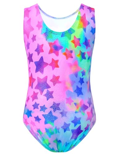 TENVDA Gymnastics Leotards for Girls Toddler 3t 4t Hot Pink Sparkly Stars Print Sleeveless Tumbling Outfit Bodysuits Dancewear - Image 2