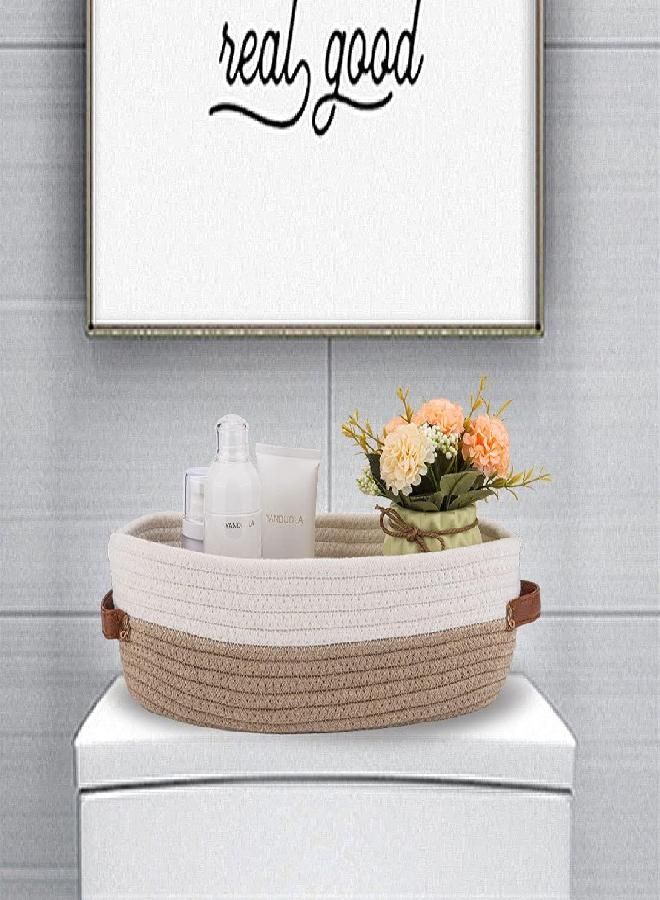 Oradrem Oradrem 2 Pack Cotton Rope Bathroom Decor Basket,Toilet Paper Holder Basket,Farmhouse Home Decor Organizing Baskets 13"x5.9"x4" Brown Stitching White  - Image 3