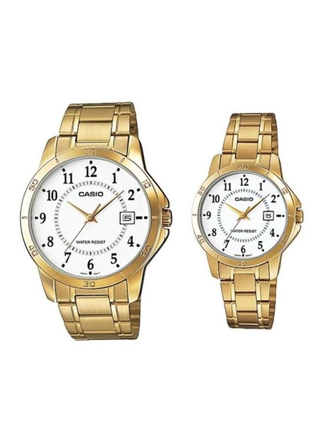 كاسيو طقم ساعات بسوار من الإستانلس إستيل من قطعتين بعقارب طراز MTP/LTP-V004G-7B للجنسين - Image 1