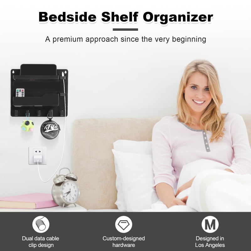 JUMEIHUI Wall Mount Shelf Organizer, Adhesive Bedside Shelf Accessories with Hooks and Cable Clips, Dorm Room Wall Storage for Phone, Remote, Earphone, Kindle, Plastic(Black) - Image 4