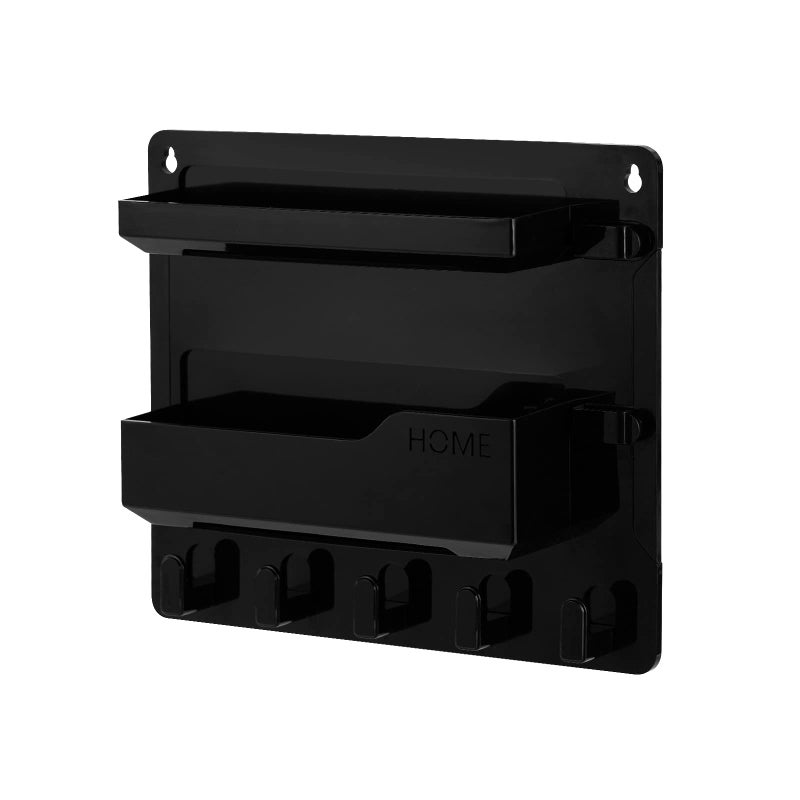 JUMEIHUI Wall Mount Shelf Organizer, Adhesive Bedside Shelf Accessories with Hooks and Cable Clips, Dorm Room Wall Storage for Phone, Remote, Earphone, Kindle, Plastic(Black) - Image 2