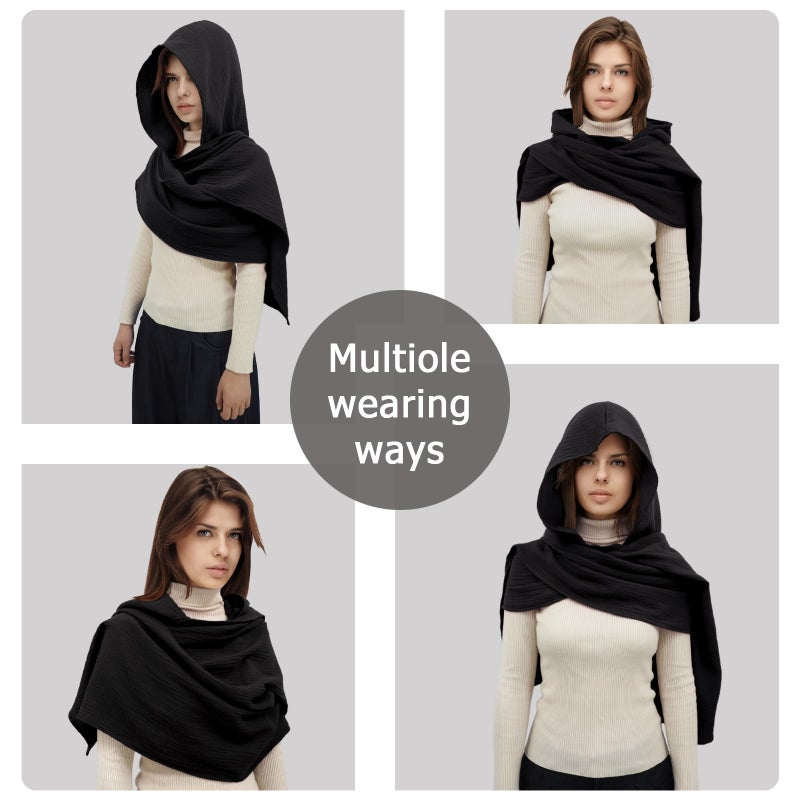 CosInStyle Women Men Fashion Shawl Scarf Cape | Multifunctional Hooded Cowl | Medieval Linen Cotton Cowl Hood |Vintage Goth Costume Accessory (Black) - Image 4