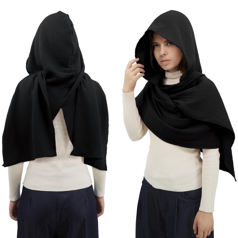 CosInStyle Women Men Fashion Shawl Scarf Cape | Multifunctional Hooded Cowl | Medieval Linen Cotton Cowl Hood |Vintage Goth Costume Accessory (Black) - Image 3