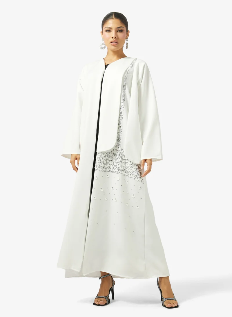 hayas closet  Embellished Open Front V Neck Abaya for Women | Best Price UAE