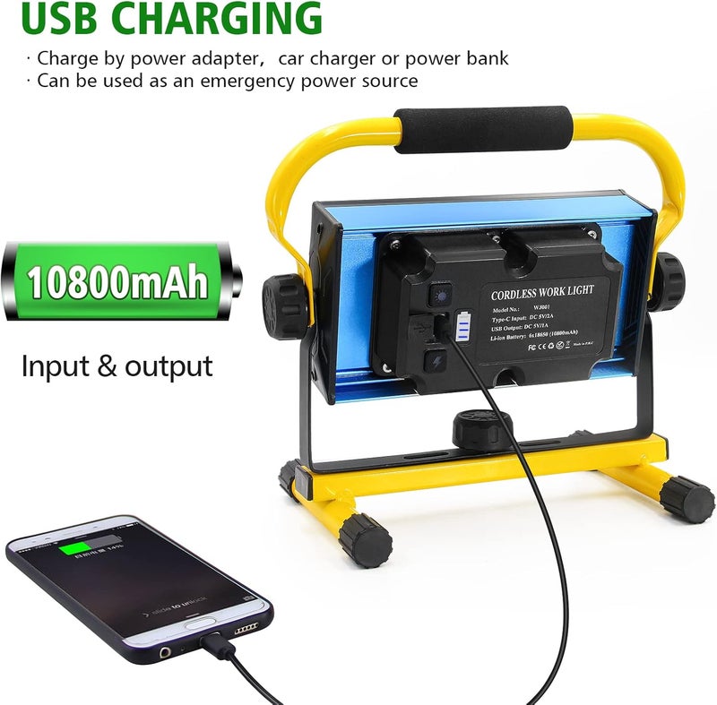 Tresda Store 100W COB Rechargeable Work Light, 7000LM Cordless LED Work Lights, Waterproof Portable Flood Light with Stand for Outdoor Camping, Hiking, Garage, Car Repairing, Workshop Job Site Lighting - Image 3
