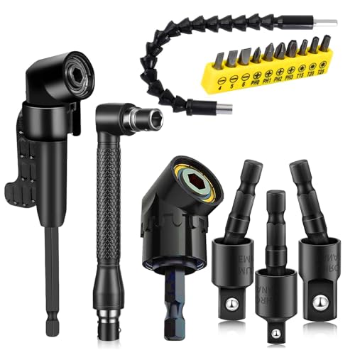 Fruholt 17 Pcs Flexible Drill Bit Extension 105 Degree Right Angle Drill Adapter,360° Rotatable 1/4 3/8 1/2" Impact Grade Socket Adapter Set,90° Angled Bits,Super Bit Shaft Extension Bits,Screwdriver Bit Set - Image 1