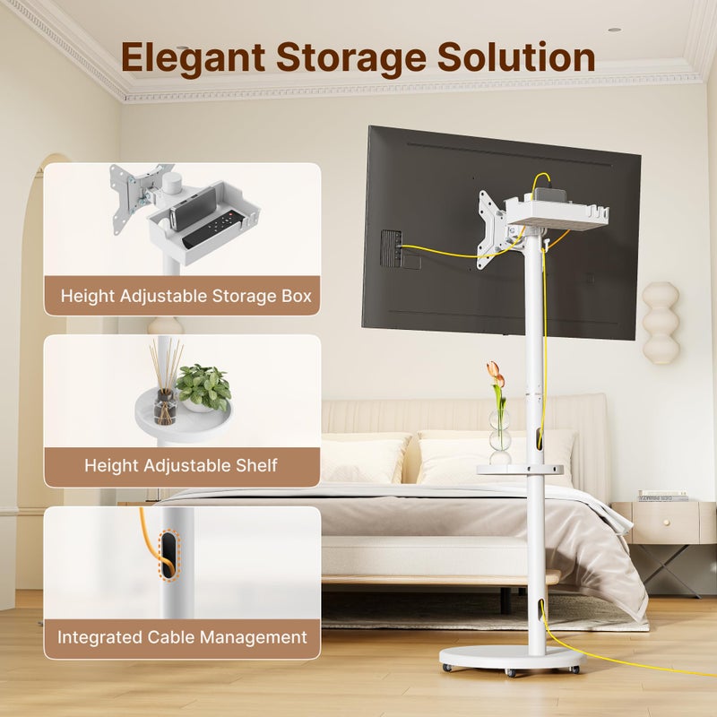 ECOTINY Height Adjustable Rolling TV Stand for 13-43 Inch TV up to 33 Pounds, Portrait to Landscape, Mobile TV Cart with Adjustable Storage Box and Shelf Max VESA 200x200mm - Image 5