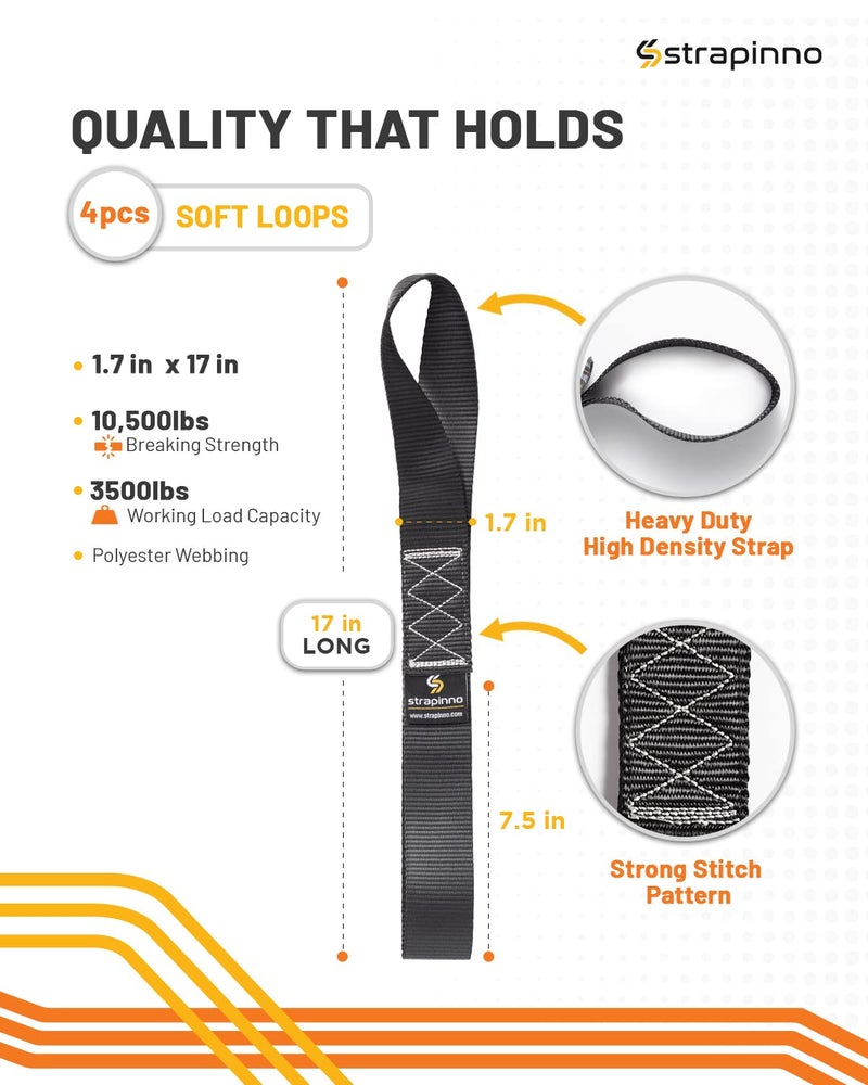 Strapinno 4pcs. Soft Loop Tie-Down Straps -1.7 in. x 17 in. Straps with 10,500lbs Breaking Strength and 3,500lbs Working Load Limit Each, Ideal for Securing ATV, UTV, Vehicles, and Other Equipment - Image 2